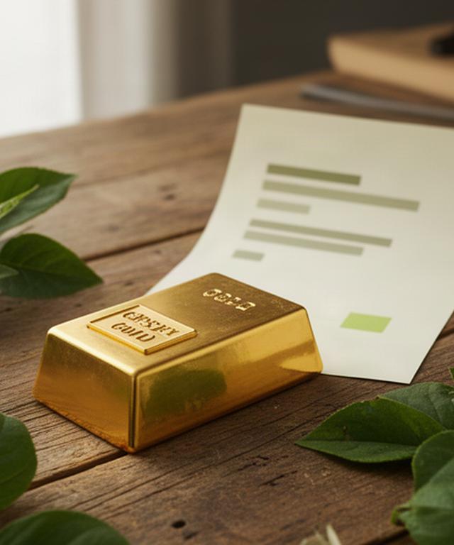 Gouden baar met Fairmined-label op een houten werktafel naast groene bladeren en een herkomstcertificaat