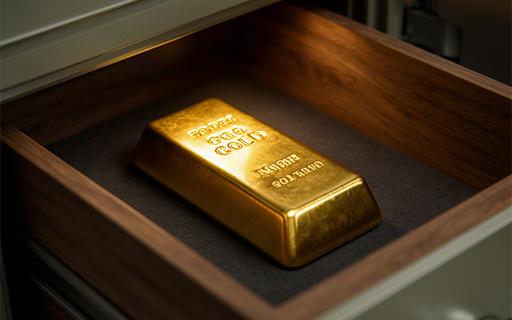Goudstaaf in een houten lade van een beveiligde kluis als reserve voor familievermogen