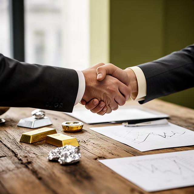 Zakelijke handdruk tussen financieel adviseurs aan een houten tafel met documenten over goud en grondstoffen