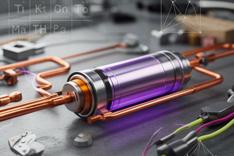 Close-up van een batterijcel, koperen geleiders en periodieke-systeemsymbolen op een werktafel