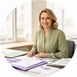 Svetoslava Witzenhausen in een lichte werkruimte met documenten over familievermogen